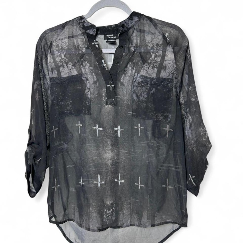 Teenage Runaway Top Graveyard Tunic XS‎ Black Semi Sheer Crosses Pockets y2k